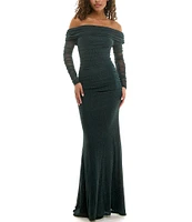 B. Darlin Off-The-Shoulder Shimmer Long Sleeve Shirred Bodice Dress
