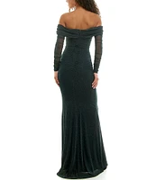 B. Darlin Off-The-Shoulder Shimmer Long Sleeve Shirred Bodice Dress