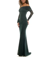 B. Darlin Off-The-Shoulder Shimmer Long Sleeve Shirred Bodice Dress