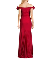 B. Darlin Off-The-Shoulder With Rosettes Side Shirring Long Tail Dress