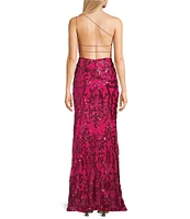 B. Darlin One Shoulder Pattern Sequin Strappy Back Long Dress