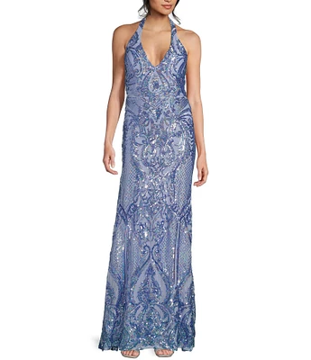 B. Darlin Placement Sequin Halter Neck Long Dress