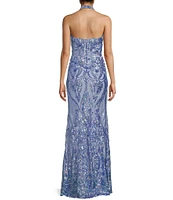 B. Darlin Placement Sequin Halter Neck Long Dress