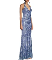 B. Darlin Placement Sequin Halter Neck Long Dress