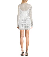 B. Darlin Power Mesh Allover Rhinestone Long Sleeves Square Neck Dress