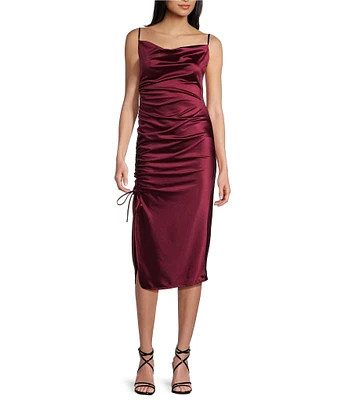 B. Darlin Satin Cowl Neck Drawstring Side Slit Midi Dress