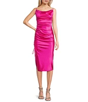 B. Darlin Satin Cowl Neck Drawstring Side Slit Midi Dress