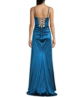 B. Darlin Satin Cowl Neck Shirred Lace-Up Back Long Dress