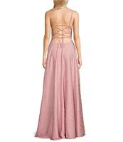 B. Darlin Satin Floral Print Cowl Neck Lace-Up Back Long Dress