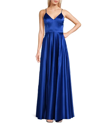 B. Darlin Satin Front Slit V-Neck Gown