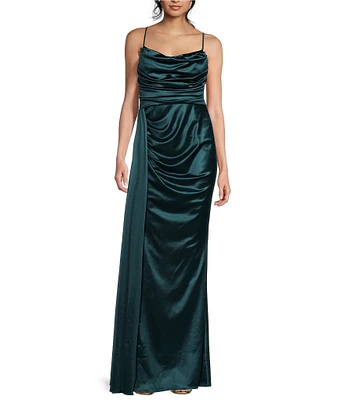 B. Darlin Satin Sweetheart Neckline Side Drape Long Dress