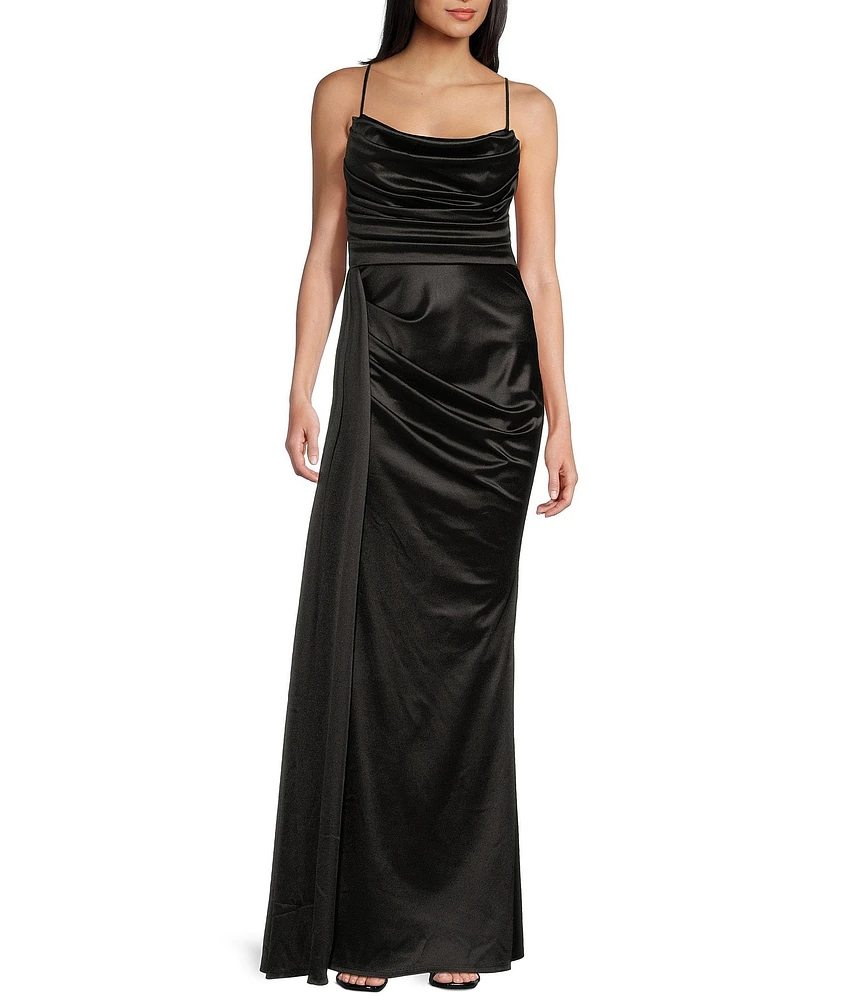 B. Darlin Satin Sweetheart Neckline Side Drape Long Dress