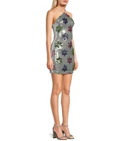 B. Darlin Sequin Flower Printed Halter Neck Bodycon Dress