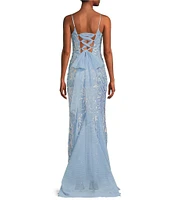 B. Darlin Sequin Pattern Spaghetti Strap Scoop Neck Lace-Up-Back Dress