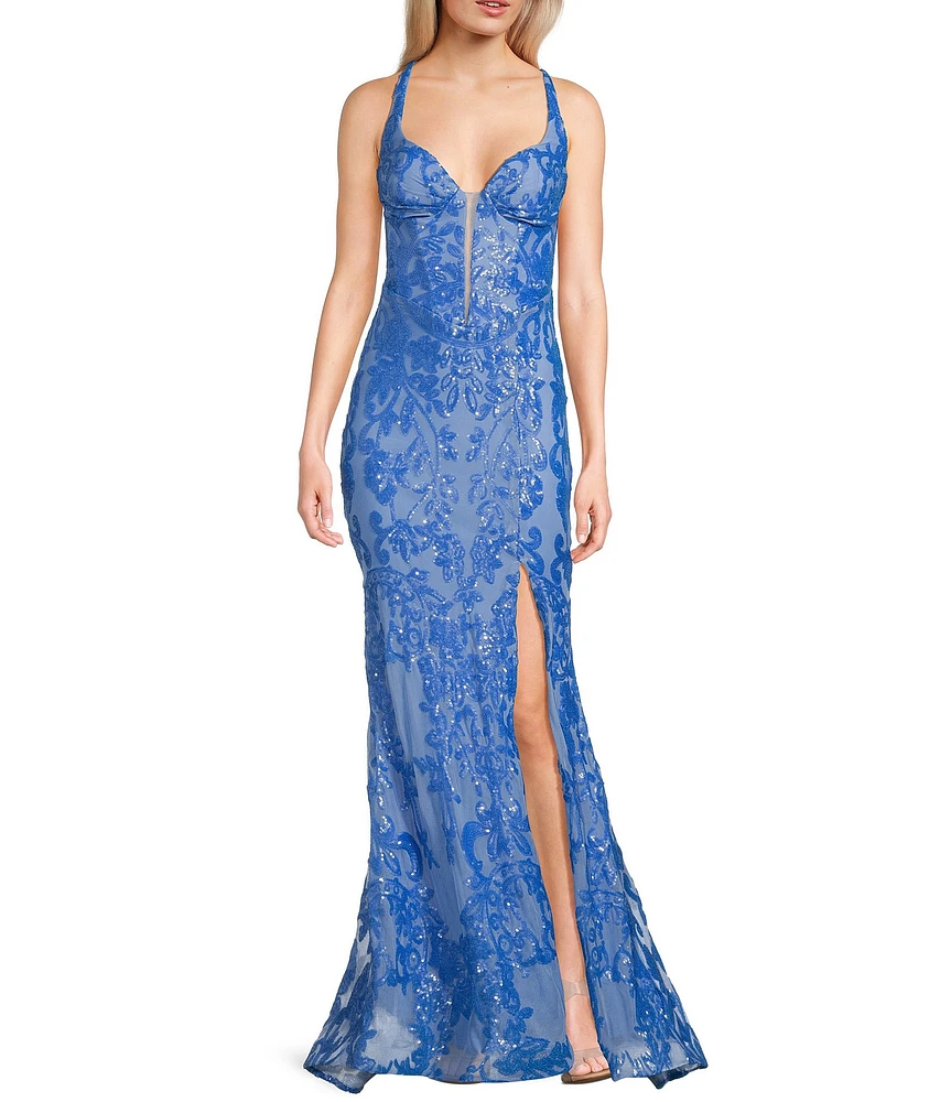 B. Darlin Sequin Pattern V-Neck Inset Corset Bodice Open Back Dress