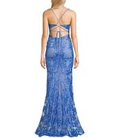 B. Darlin Sequin Pattern V-Neck Inset Corset Bodice Open Back Dress