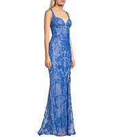 B. Darlin Sequin Pattern V-Neck Inset Corset Bodice Open Back Dress