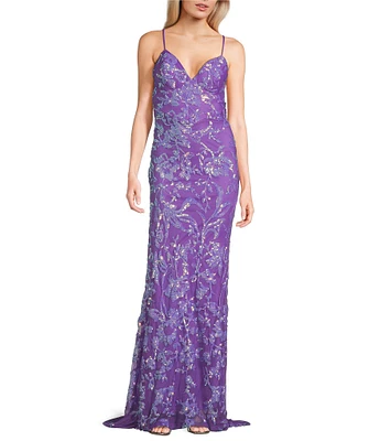 B. Darlin Floral Sequin Pattern V-Neck Spaghetti Strap Lace Up Back Dress