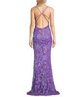 B. Darlin Floral Sequin Pattern V-Neck Spaghetti Strap Lace Up Back Dress