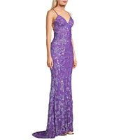 B. Darlin Floral Sequin Pattern V-Neck Spaghetti Strap Lace Up Back Dress