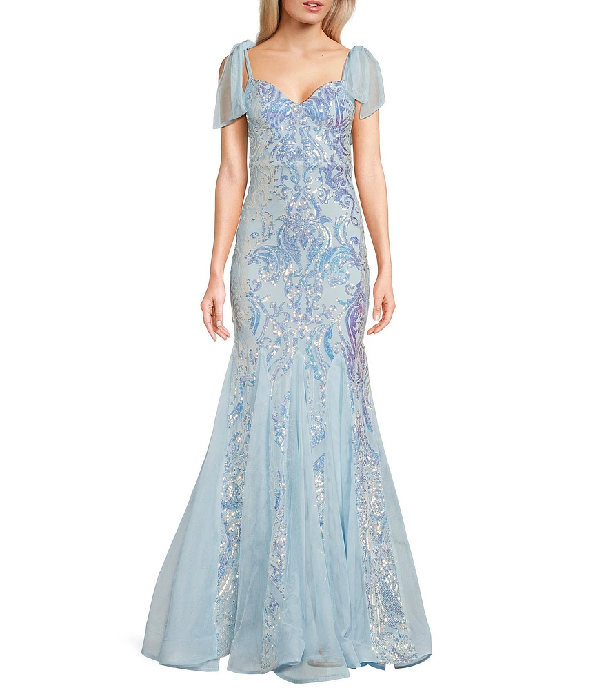 B. Darlin Sequin Pattern V-Neck Tie Shoulder Bustier Dress