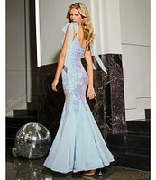 B. Darlin Sequin Pattern V-Neck Tie Shoulder Bustier Dress