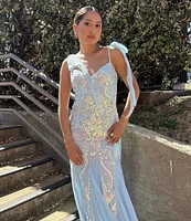 B. Darlin Sequin Pattern V-Neck Tie Shoulder Bustier Dress