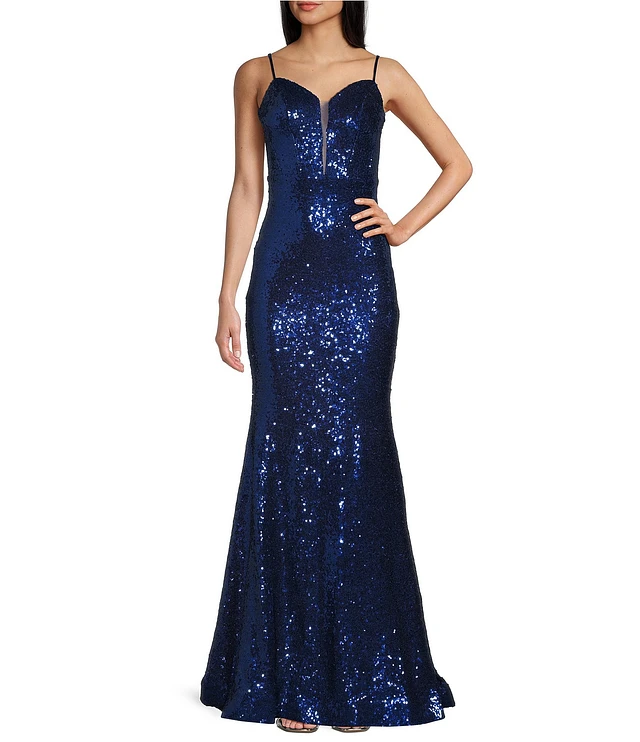 B. Darlin Sequin V-Neck Long Dress With Train | Liberty Center
