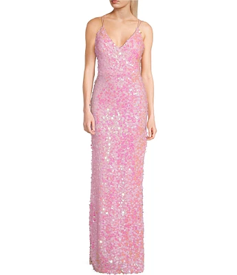 B. Darlin Sequin V-Neck Spaghetti Strap Side Slit Long Dress