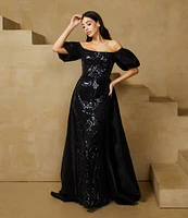B. Darlin Sequins Pattern Off-The-Shoulder Scoop Neck Short Puff Sleeve A-Line Dress