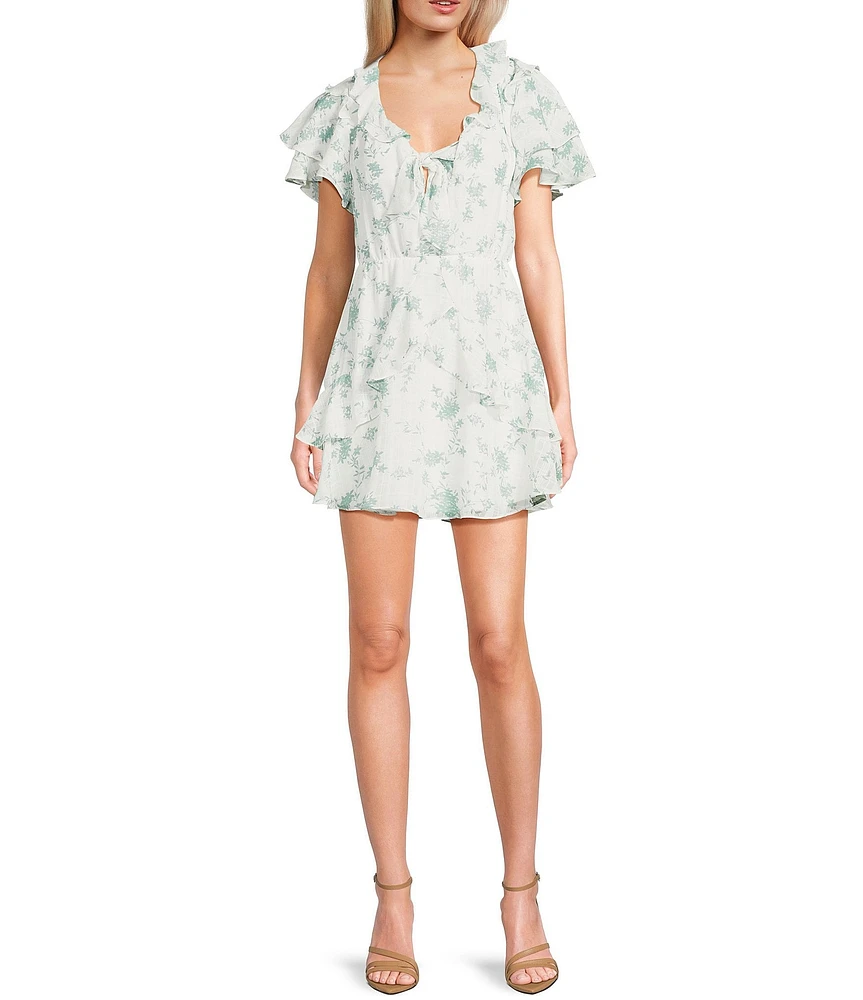 B. Darlin Short Sleeve V-Neck Ruffle Trim Floral Printed Dress