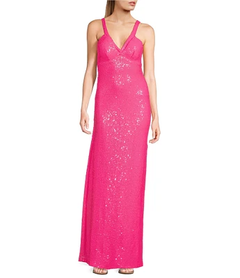 B. Darlin Sleeveless Halter V-Neck Sequined Long Fitted Dress