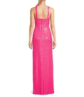 B. Darlin Sleeveless Halter V-Neck Sequined Long Fitted Dress