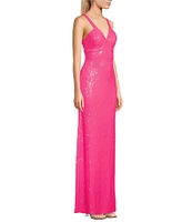 B. Darlin Sleeveless Halter V-Neck Sequined Long Fitted Dress