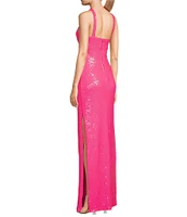 B. Darlin Sleeveless Halter V-Neck Sequined Long Fitted Dress