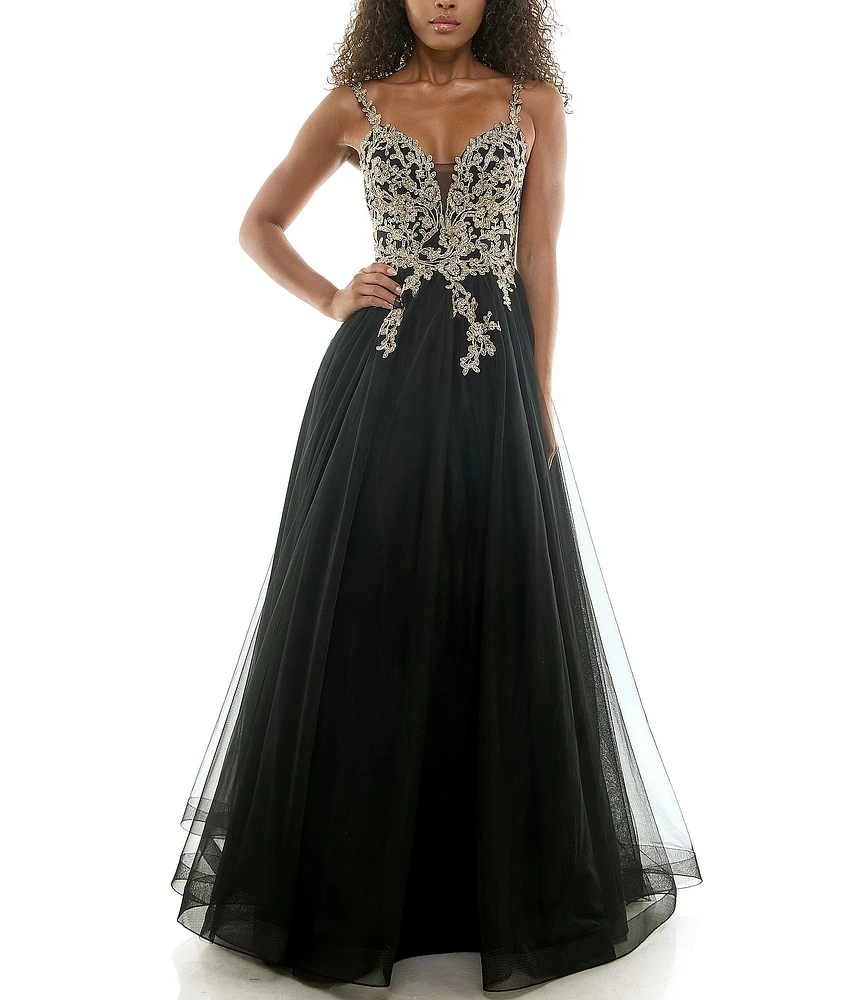 B. Darlin Sleeveless Spaghetti Strap Embellished Embroidered Ball Gown