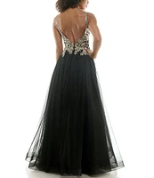 B. Darlin Sleeveless Spaghetti Strap Embellished Embroidered Ball Gown