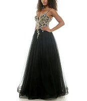 B. Darlin Sleeveless Spaghetti Strap Embellished Embroidered Ball Gown
