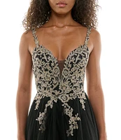 B. Darlin Sleeveless Spaghetti Strap Embellished Embroidered Ball Gown