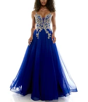 B. Darlin Sleeveless Spaghetti Strap Embellished Embroidered Ball Gown