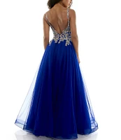 B. Darlin Sleeveless Spaghetti Strap Embellished Embroidered Ball Gown