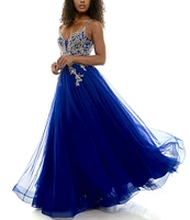 B. Darlin Sleeveless Spaghetti Strap Embellished Embroidered Ball Gown