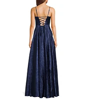 B. Darlin Sleeveless Spaghetti Strap Scoop Neck Back Lace Up Long Dress