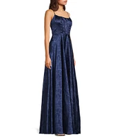 B. Darlin Sleeveless Spaghetti Strap Scoop Neck Back Lace Up Long Dress
