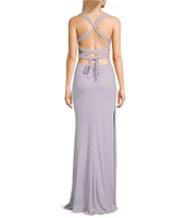 B. Darlin Sleeveless V-Neck Back Lace Up Long Dress