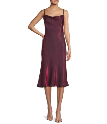 B. Darlin Spaghetti Strap Cowl Neck Metallic Satin Midi Dress