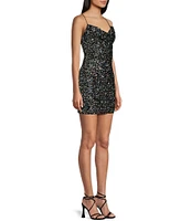 B. Darlin Cowl Neck Spaghetti Strap X-Back Chunky Sequin Bodycon Dress