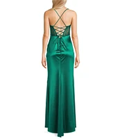 B. Darlin Spaghetti Strap Drape Neck Stones & Lace Up Back Dress