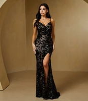 B. Darlin Spaghetti Strap Illusion Bodice Godet Slit Dress