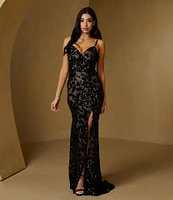 B. Darlin Spaghetti Strap Illusion Bodice Godet Slit Dress